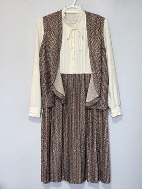 Vintage 70s London Montreal 2pc Dress + Vest Set Ruffle Collar Tweed Print Sz M
